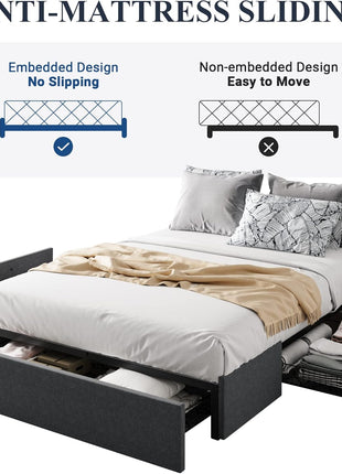 Full Size Upholstered Platform Bed Frame with 3 Storage Drawers, Wooden Slat Support, No Box Spring Required, Noise-Free Design, Easy Assembly, Dark Grey