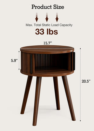 Contemporary Side Table with Sliding Door and Cabinet, Multi-functional End Table for Living Room and Nightstand for Bedroom, Solid Wood Legs in Walnut Finish