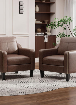 Mid-Century Modern Set of 2 PU Leather Accent Chairs with Removable Cushions and Stitched Armrests in Chocolate Brown