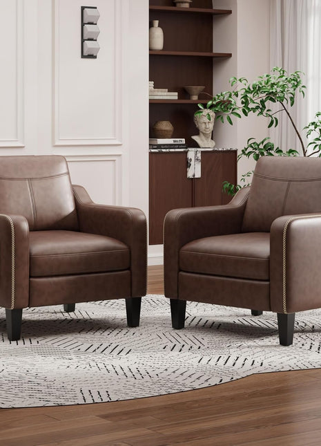 Mid-Century Modern Set of 2 PU Leather Accent Chairs with Removable Cushions and Stitched Armrests in Chocolate Brown