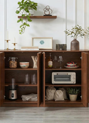 63-Inch Modern Sideboard Buffet Cabinet with Adjustable Shelves, 4-Door Storage Solution for Dining Room, Kitchen, and Entryway in Walnut Finish