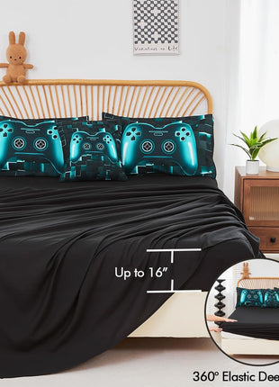 Twin Size 6-Piece Gamer Bedding Set in Teal Blue with 3D Gamepad Design for Boys and Teens
