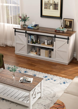 Farmhouse-Inspired TV Stand for Up to 65-Inch Televisions with Sliding Barn Doors and Storage Cabinets, 58-Inch Console Table and Media Furniture in White