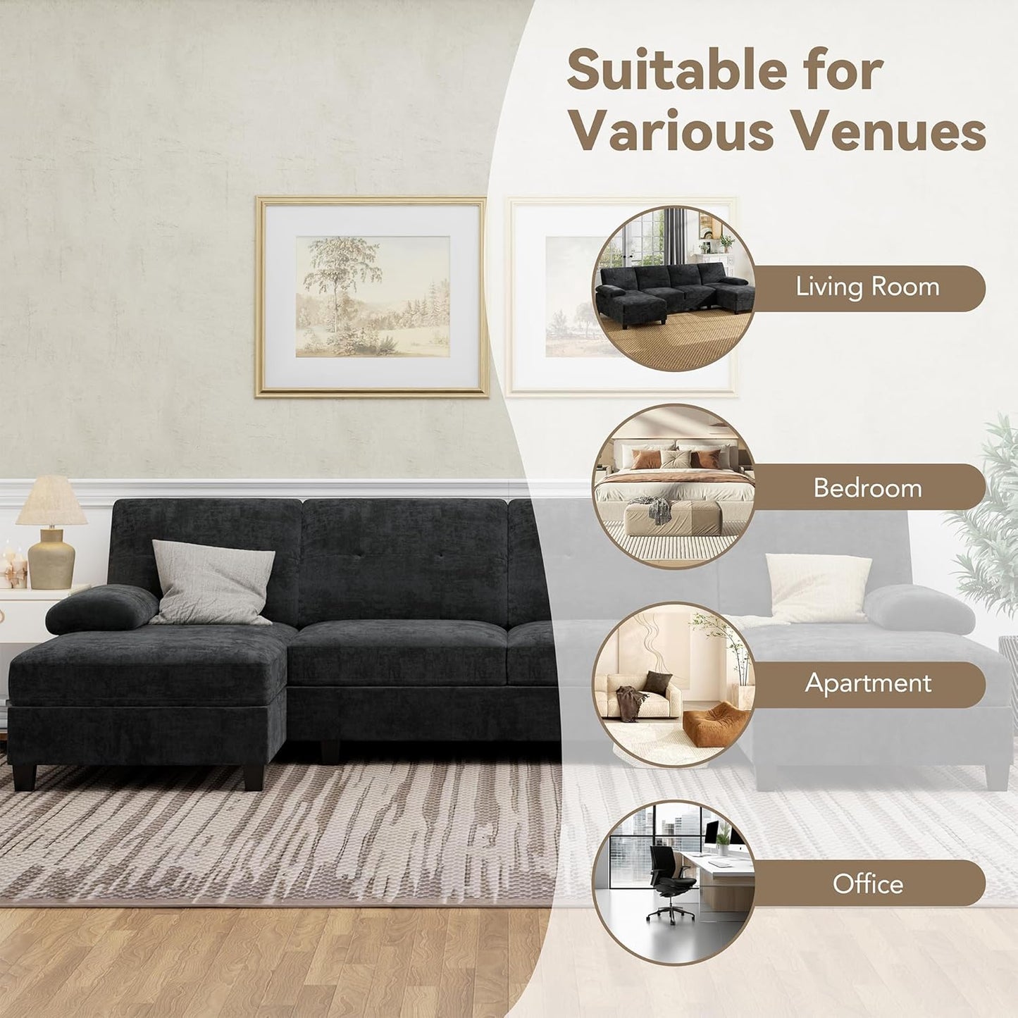 Sectional Couches for Living Room, Convertible U-Shaped Sofa Couch with Double Chaise, 4 Seat Sofa Set Modular Sofa Couch for Apartment, Black