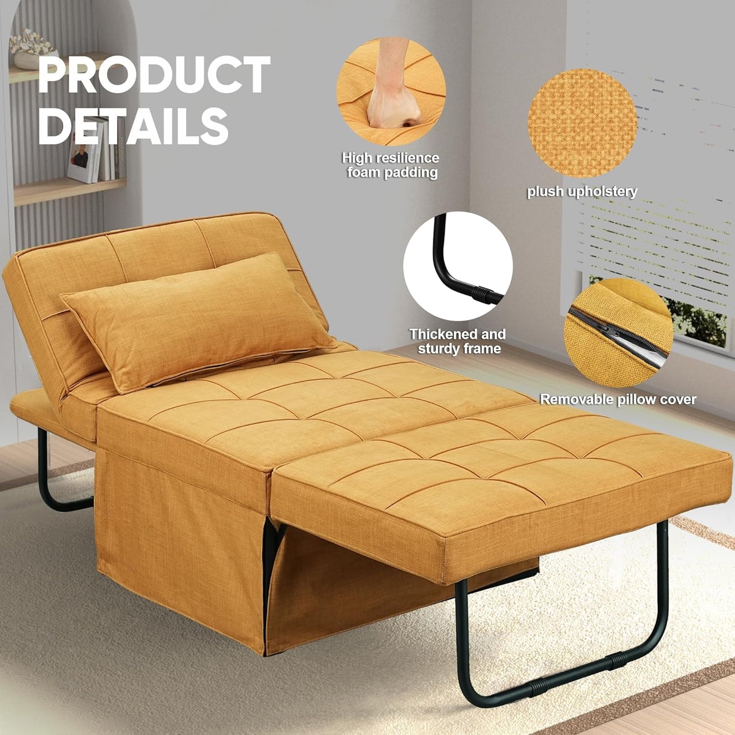 Convertible Sofa Bed, 4 in 1 Multi-Function Folding Ottoman Bed with Adjustable Backrest, Modern Futon Couch No Assembly for Living Room Apartment Office Small Space (Yellow)