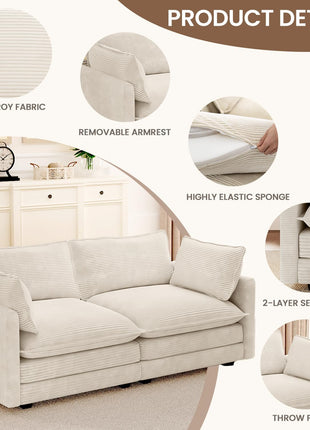 78-Inch Contemporary Corduroy Loveseat with Two Decorative Pillows, Stylish Sectional Sofa for Living Room, Office, and Bedroom in Beige