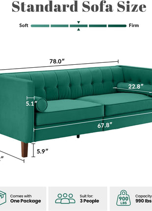 78-Inch Velvet Mid-Century Sofa with Bolster Pillows and Button Tufting for Living Room - Teal