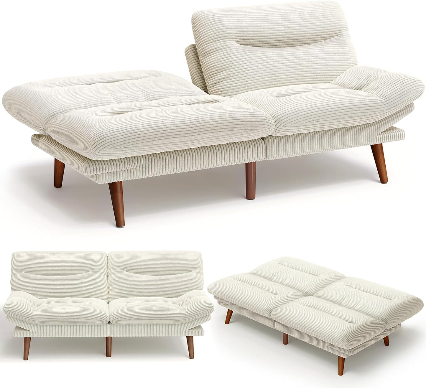 AMADA 66"Convertible Futon Sofa Bed, Corduroy Folding Futon Set with Adjustable Backrest &Armrests, Recliner Lounge for Living Room, Apartment or Office, Solid Wood Frame, Loveseat Sofa - Beige White