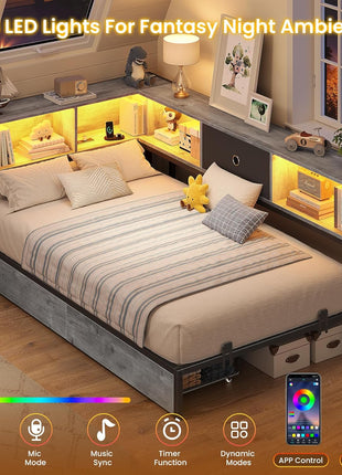 Twin Corner Bed Frame with Storage Drawers and Bookcase Headboard, Metal Platform Design with Charging Station and LED Lights, Ideal Daybed for Kids, Teens, and Guests in Oak Gray