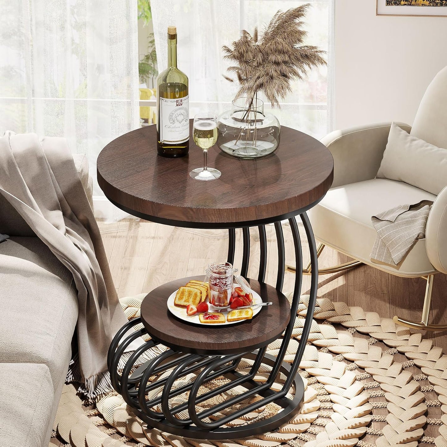 round End Side Table: Side Table with 2 Tiers Storage Shelves, Vintage End Table for Living Room, Small Bedside Table Accent Table with Arc-Shaped Frame, Rustic Brown
