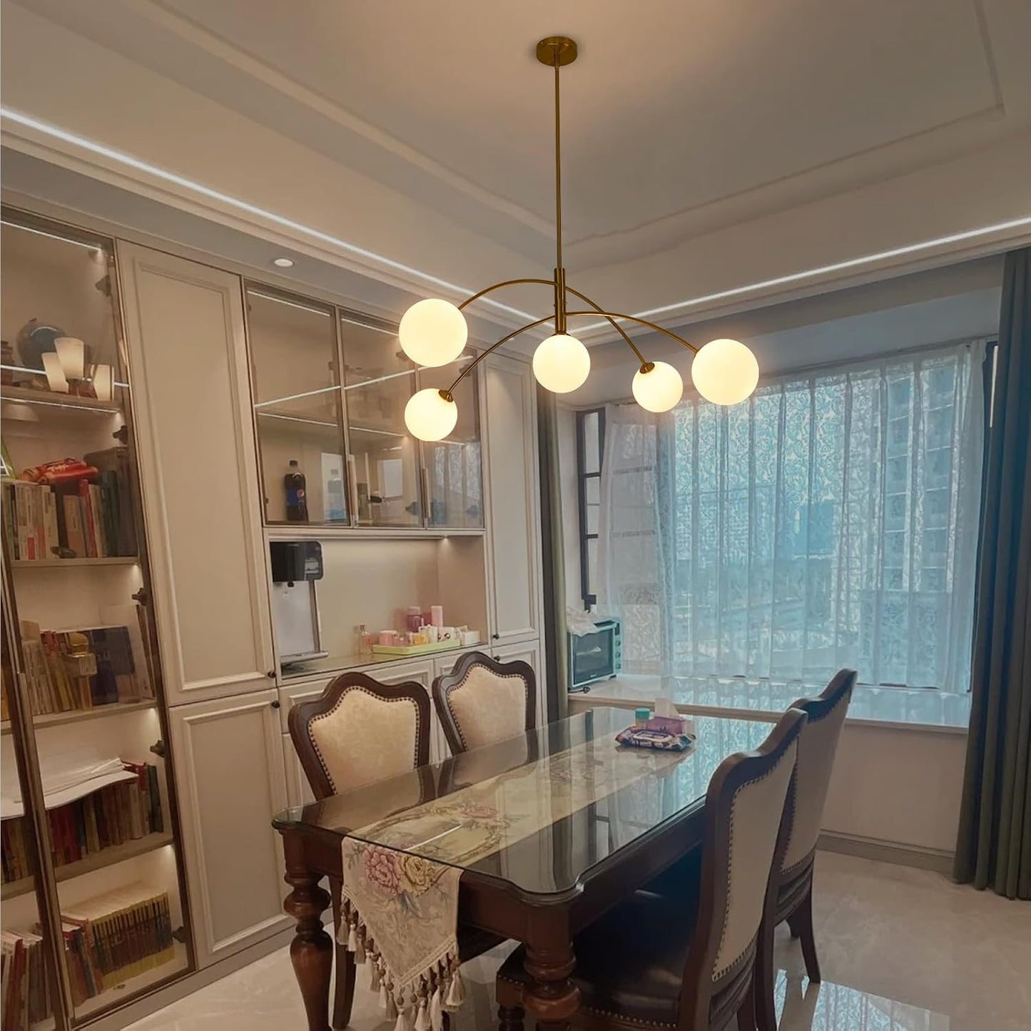 Gold Modern Chandelier 5-Light Glass Globe Ceiling Light Fixtures Mid Century Modern Sputnik Chandelier for Dining Room Kitchen Island Bedroom Living Room 41.3IN Diameter