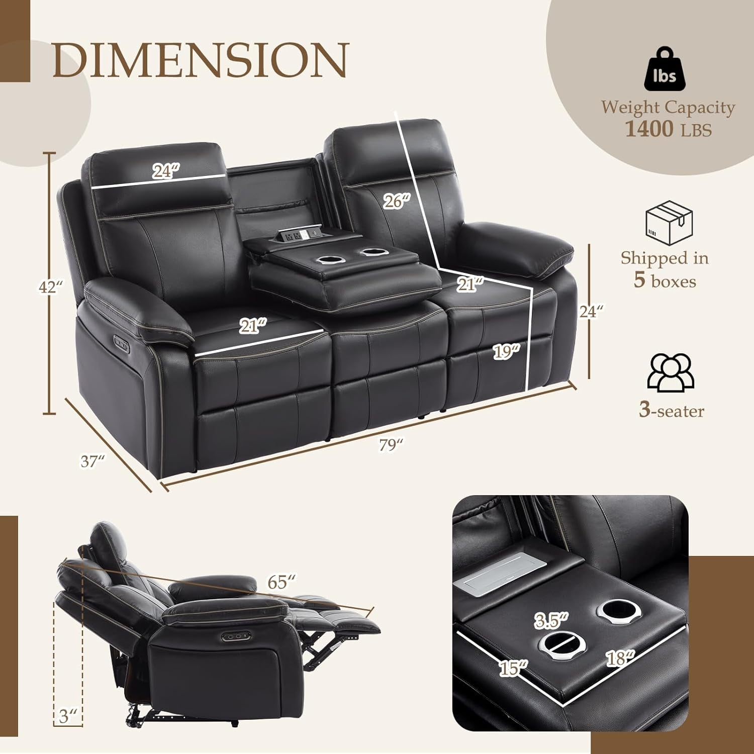 Power Reclining Sofa with Fold down Table, Breathable Leather Electric Reclining Couch, Power Loveseat Recliner Sofa with Cup Holders/Outlets/Usb-C/A Ports for Living Room (Black, 3 Seat)