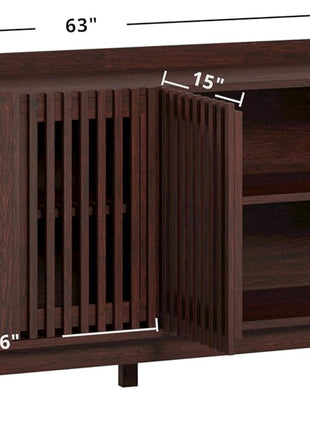 63" Mid-Century Storage Cabinet with Grille Doors and Adjustable Shelves in Natural Red Walnut for Kitchen, Dining Room, and Entryway