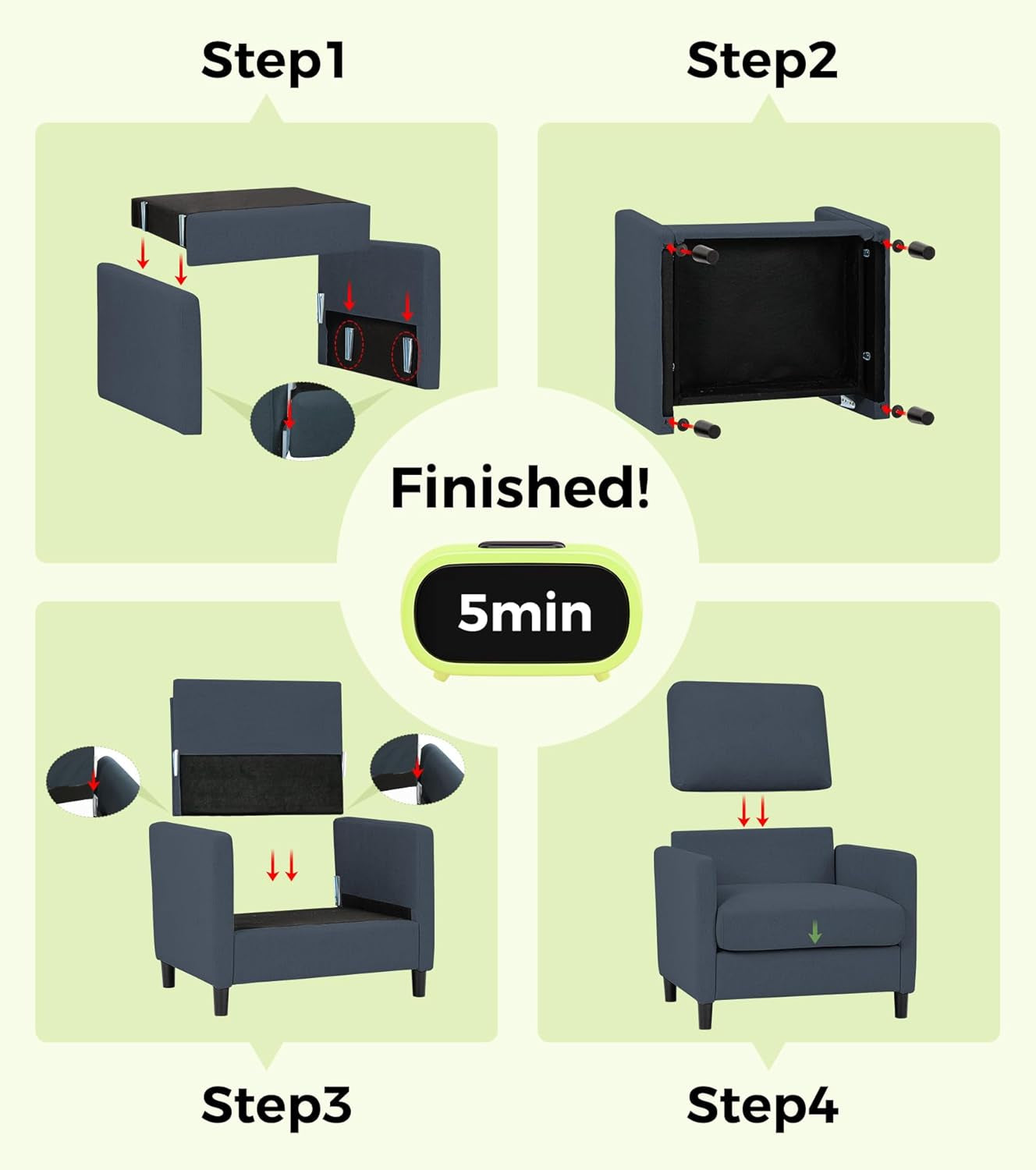 Sofa Accent Chair, 33" Reading Chair for Bedroom, Tool-Free Setup Living Room Accent Chairs, Comfy Arm Chairs Living Room, All-Wood Reading Nook, Blue Grey