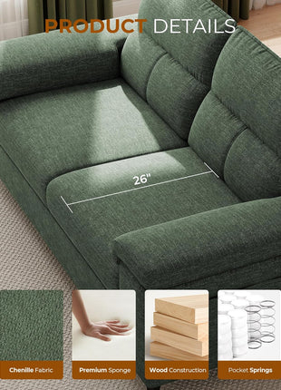 Contemporary Chenille Loveseat with 8-Inch Comfort Cushions, Convertible Armrests, Removable Cover, and Elevated Legs (Green) - 88.97 Inches