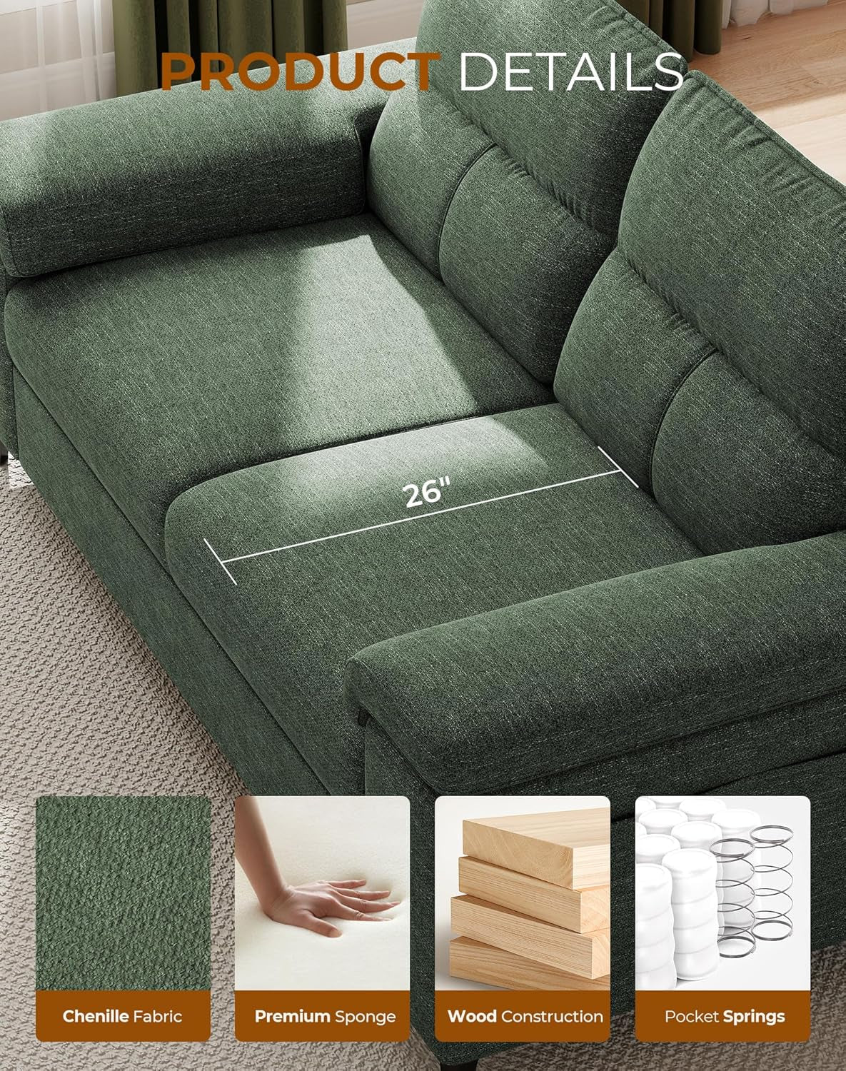 88.97" Modern Sofa Couch for Living Room, Deep Seat Sofas with 8”Cushion, Comfy 2-Seater Chenille Loveseat with Convertible Armrest, Removable Sofa Cover, High Leg (Green)