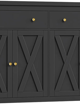 55-Inch Sideboard Buffet Cabinet with Storage Solutions, Including 2 Drawers and 4 Doors, Wood Coffee Bar Buffet Table for Kitchen and Dining Room in Black Finish
