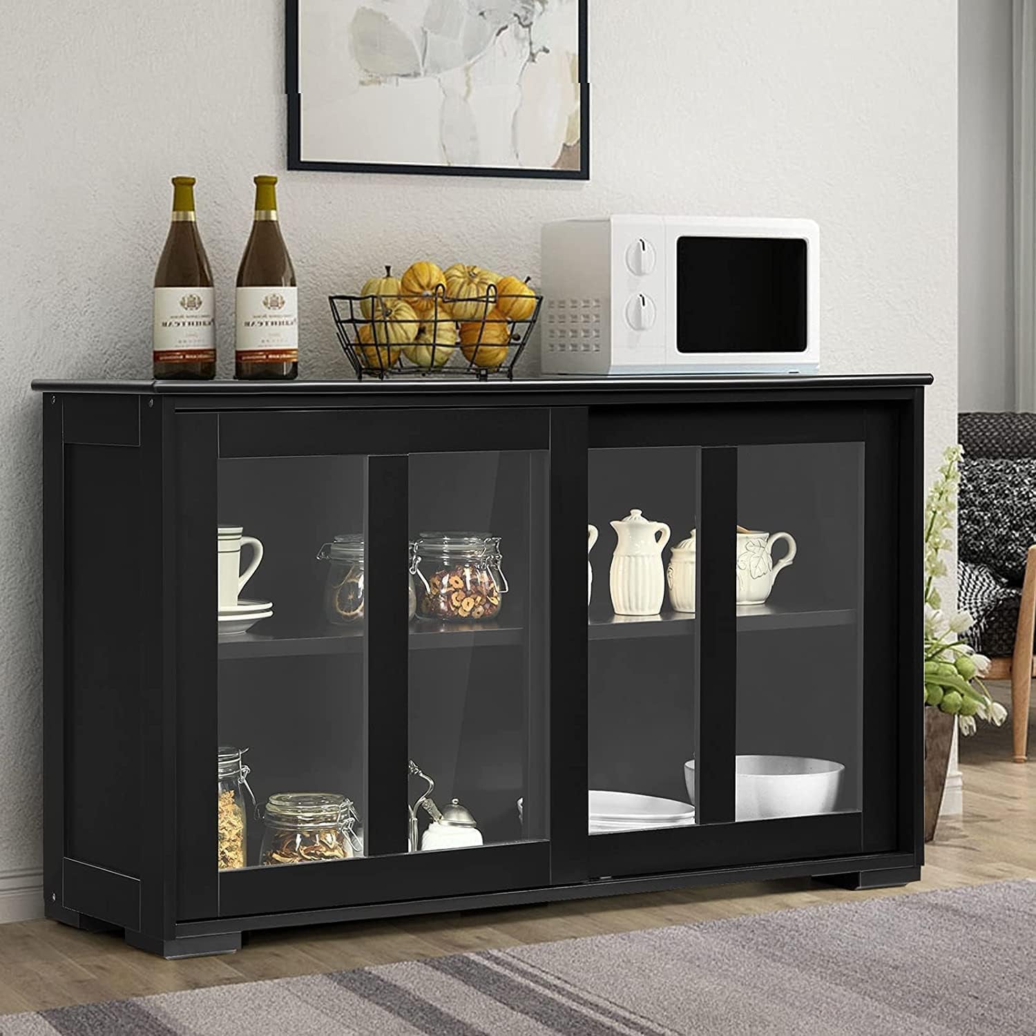 Kitchen Stackable Storage Cabinet with Height Adjustable Shelves & Glass Sliding Doors, Cupboard Server Buffet Console Sideboard, Black