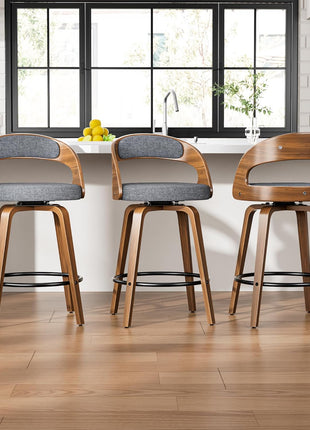 Set of 4 Mid-Century Modern 26" Upholstered Linen Fabric Swivel Bar Stools with Bentwood Legs and Back for Kitchen Island and Dining Room, Grey