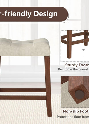 Set of 2 Upholstered 24" Counter Height Saddle Bar Stools with Footrest and Wooden Legs, Farmhouse Button-Tufted Backless Design for Kitchen Island, Dining Room, and Café in Beige and Brown