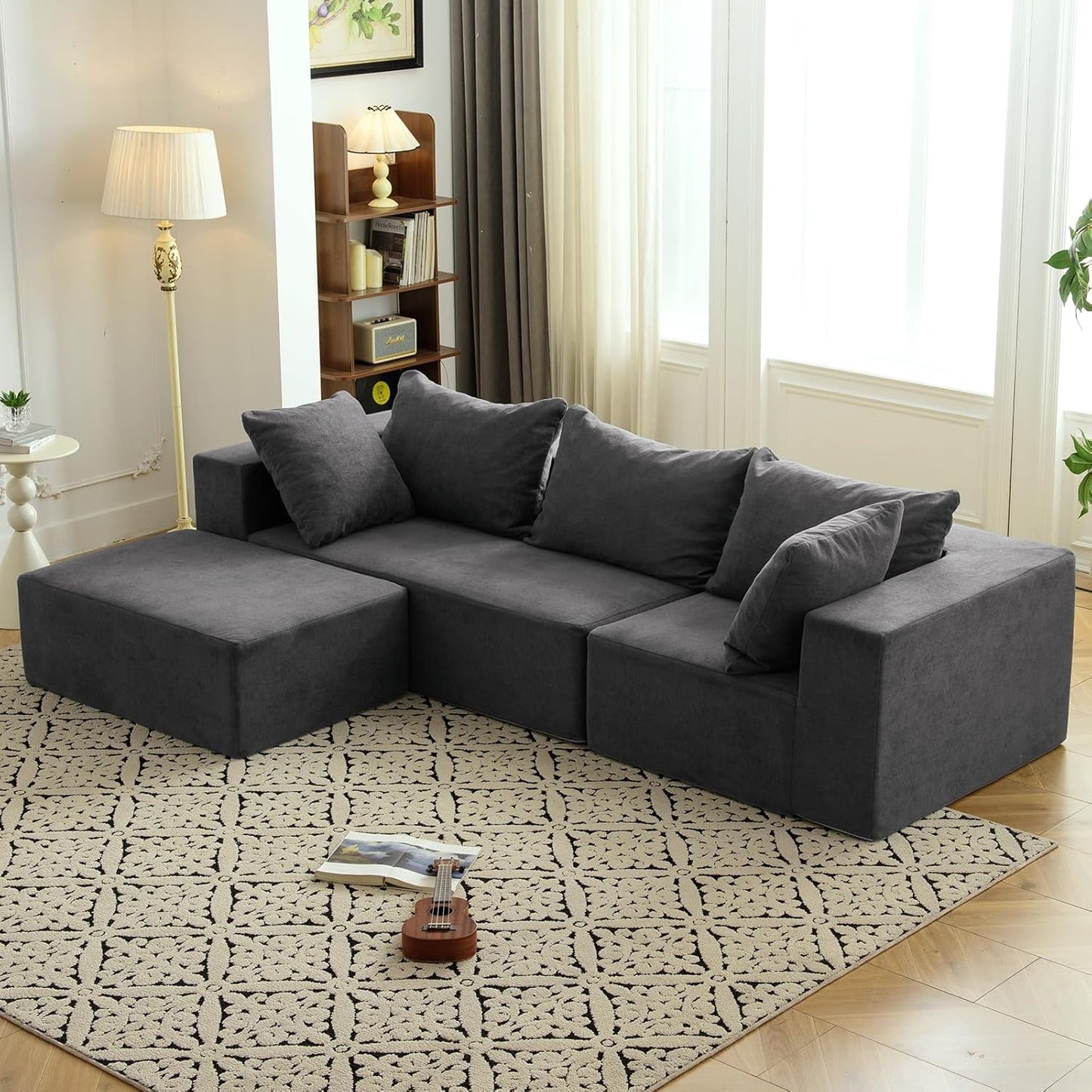Modular Sectional Sofa - Modern L Shaped Boneless Couch with Deep Seat, Upholstered Sectional Couches for Living Room, Bedroom, Office, No Assembly Required, Gray