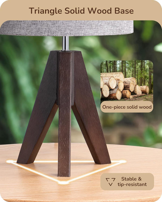 Boho Small Table Lamp, Walnut Color Wooden Tripod Bedside Lamp, Farmhouse Nightstand Lamp for Nursery, Bedroom, Office, Kid Room, Living Room, Grey Linen Lampshade, E26 Socket, 14.2 Inch