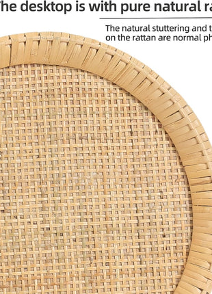 Rattan Round Small Side Table for Compact Spaces - Bohemian Circle End Table with Solid Wood Legs for Living Room and Bedroom Corners