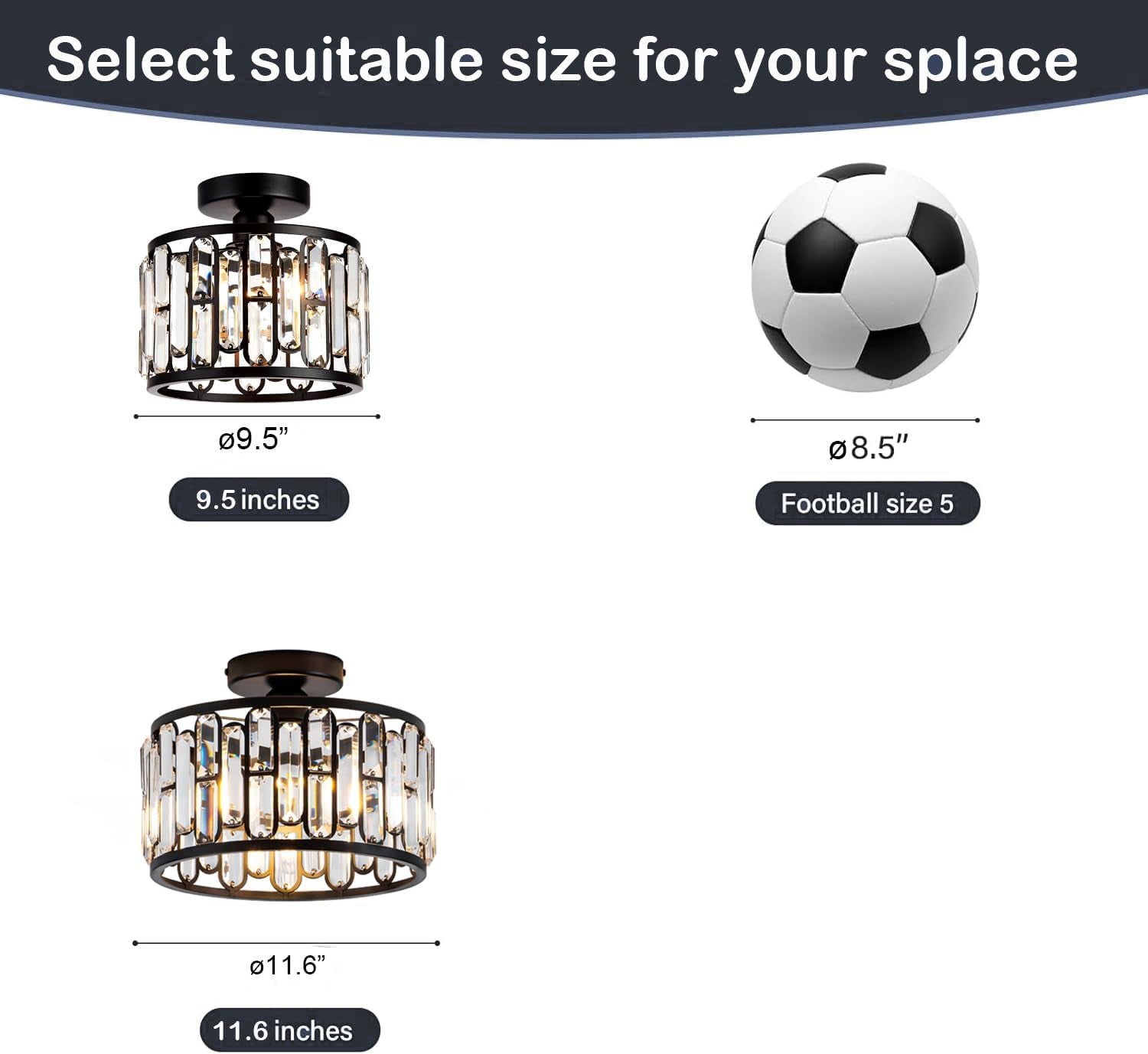 Crystal Ceiling Light, Semi Flush Mount Modern Black Ceiling Light Fixture, Crystal Chandelier, for Bathroom Hallway, Kitchen, Entryway, Bedroom, Laundry Room, Porch 1 Light E26