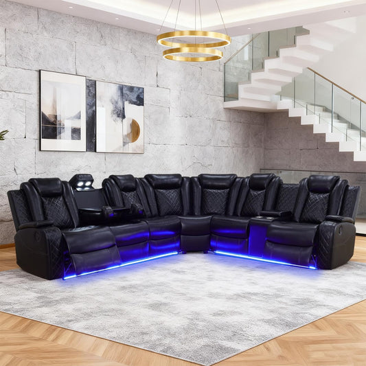 Power Recliner Sectional Sofa Set for Living Room Furniture Sets,Leather Reclining Sofa Set with LED Lights/Hidden Storage,L- Shaped Couch for Living Room/Home Theater(Black,Sectional)