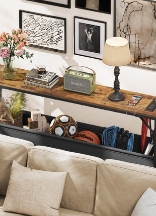47.2" Modern Industrial Narrow Console Table with Storage and Power Outlets, Rustic Brown Finish, Ideal for Entryway, Living Room, Bedroom, and Office, Includes Anti-Tip Kit