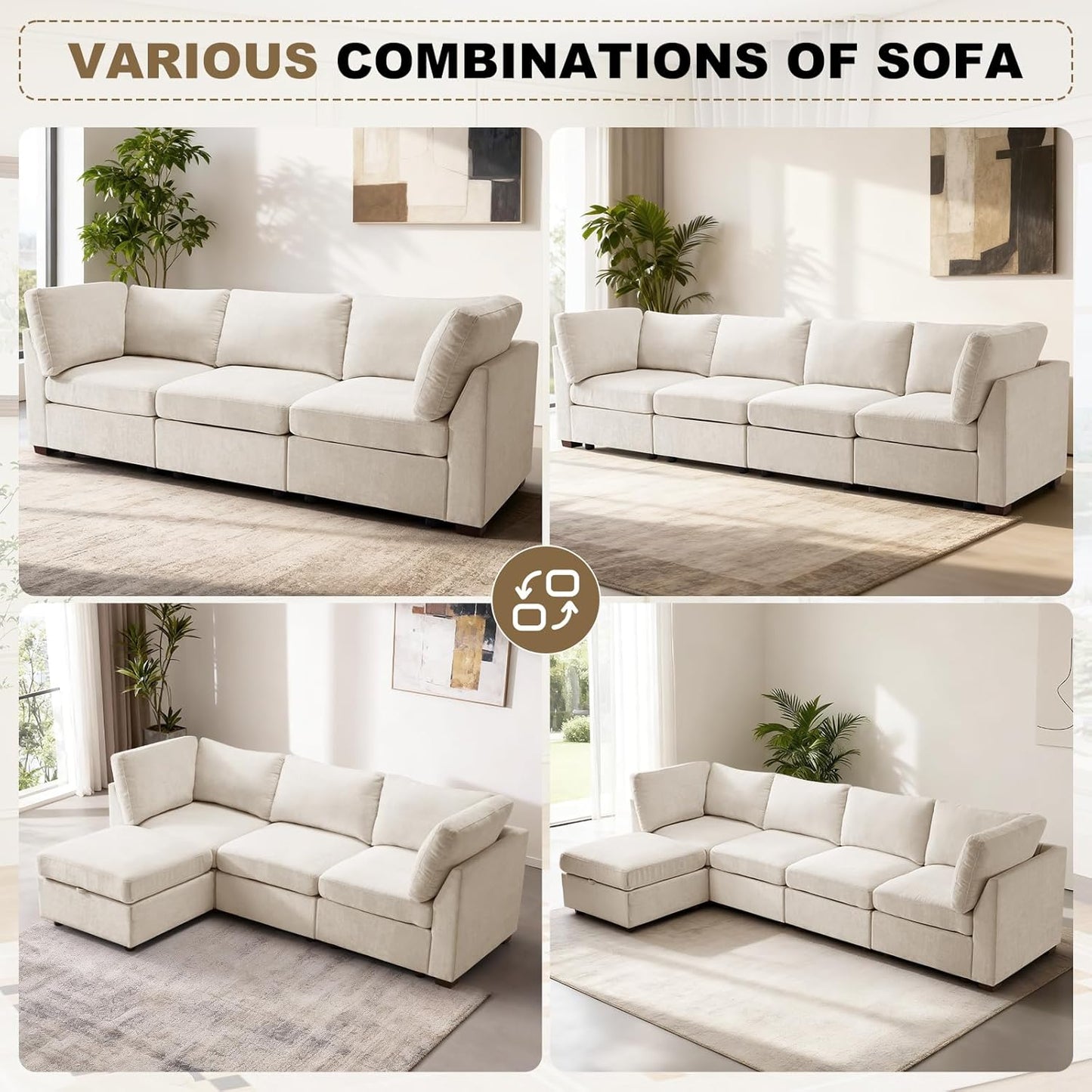 94 Inches Oversized Modular Sectional Fabric Cloud Sofa Set, Extra Large L Shaped Couch Reversible Chaise Couch,3 Seat Modular Sofa,Beige