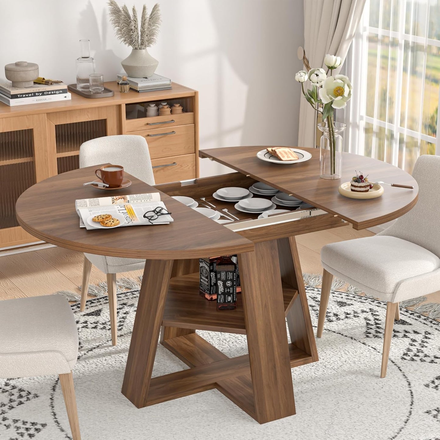 43.3In-59In Extendable round Dining Table for 4-8,Modern Kitchen Oval Dining Table with Removable Leaves Space Saving,Wood Base with Storage Shelf for Kitchen Living Room (Walnut)