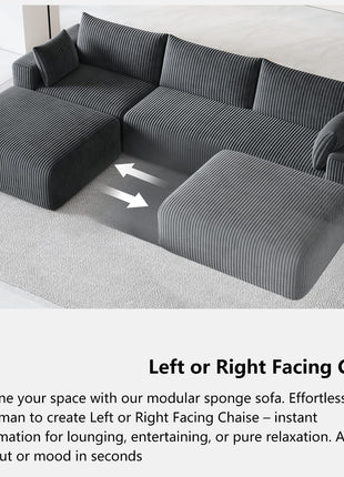Luxurious 108" Modular Sectional Sofa in Dark Gray Corduroy - L-Shaped Design with Deep Chaise and No Assembly Required - Ideal for Apartment Living