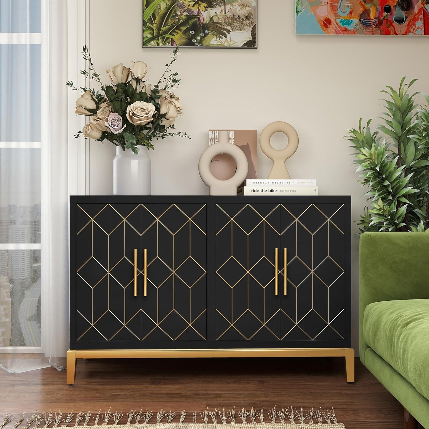 47.8" Storage Accent Cabinet with 4 Doors, Modern Sideboard Buffet Cabinet with Gold Lines, Wood Decorative Credenza with Storage for Living Room, Kitchen, Dining Room, Entryway, Black