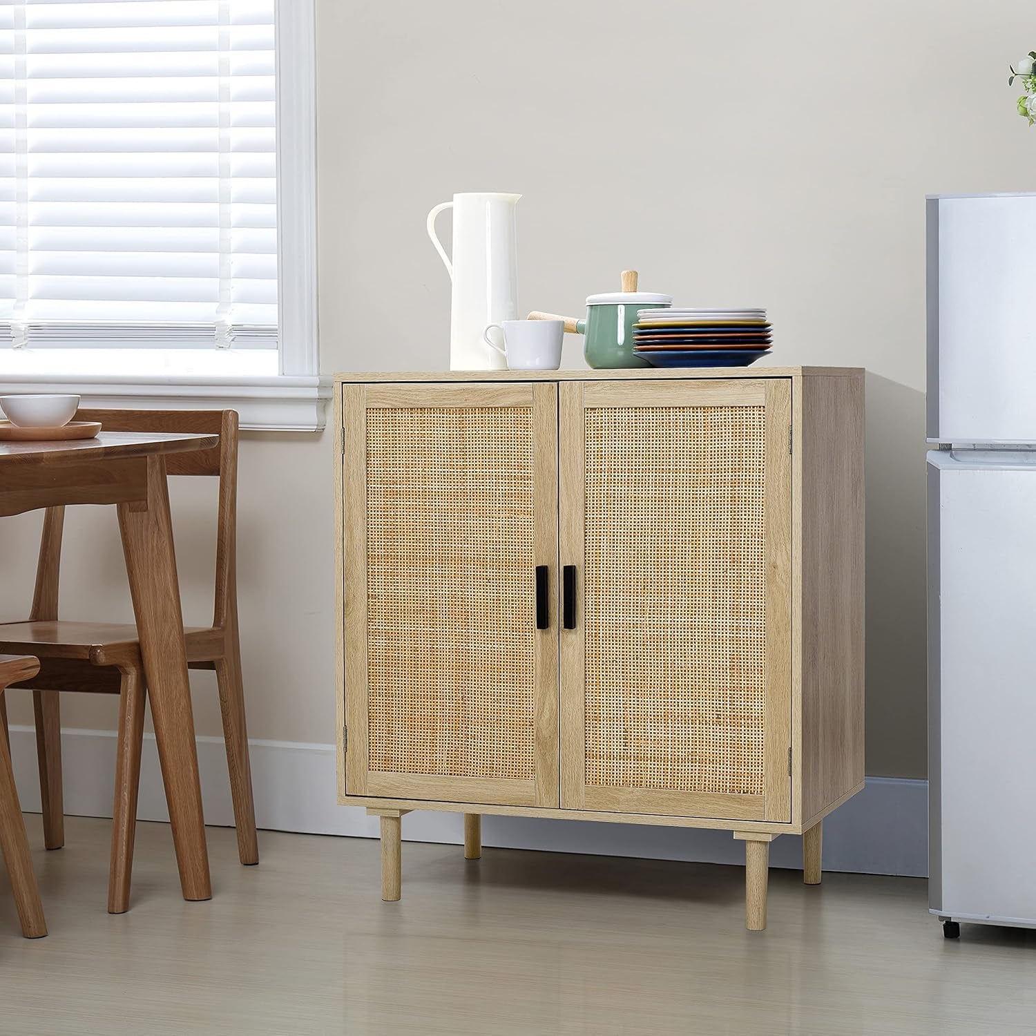 Sideboard Buffet Cabinet, Kitchen Storage Sideboard with Rattan Decorated Doors, Liquor Coffee Buffet, Dining Room, Hallway, Console Table, Accent Cabinet, 31.5X 15.8X 34.6 Inches, Natural