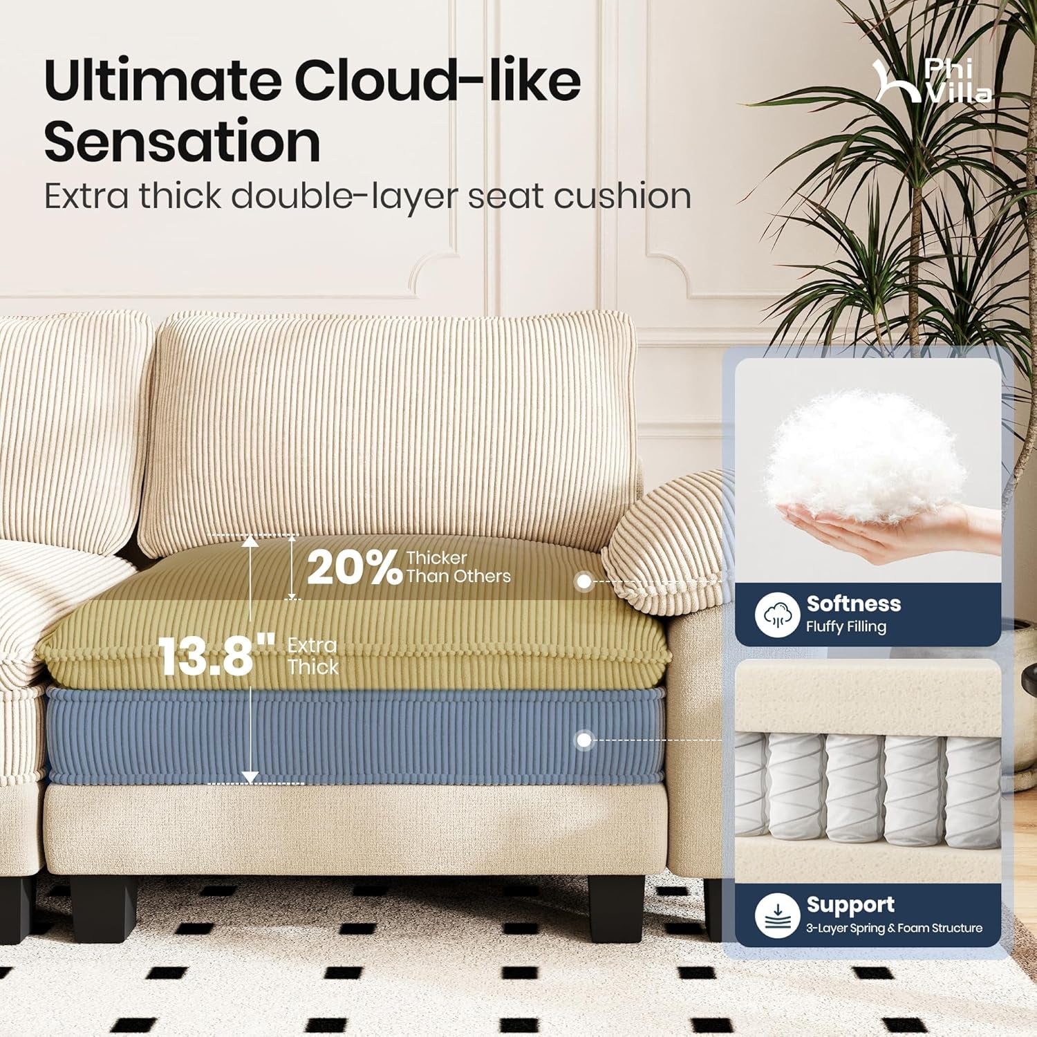 Cloud Modular Couches Sets, 2 Pieces Sectional Sofa Set with Loveseat, 3-Seater Comfy Couch for Living Room Small Spaces, Chenille Corduroy Dual Fabric, Beige