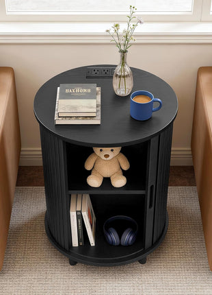 Round End Table with Storage and Charging Station, Fluted Accent Side Table with Sliding Door and Adjustable Shelf, Mid-Century Nightstand for Small Spaces, Black