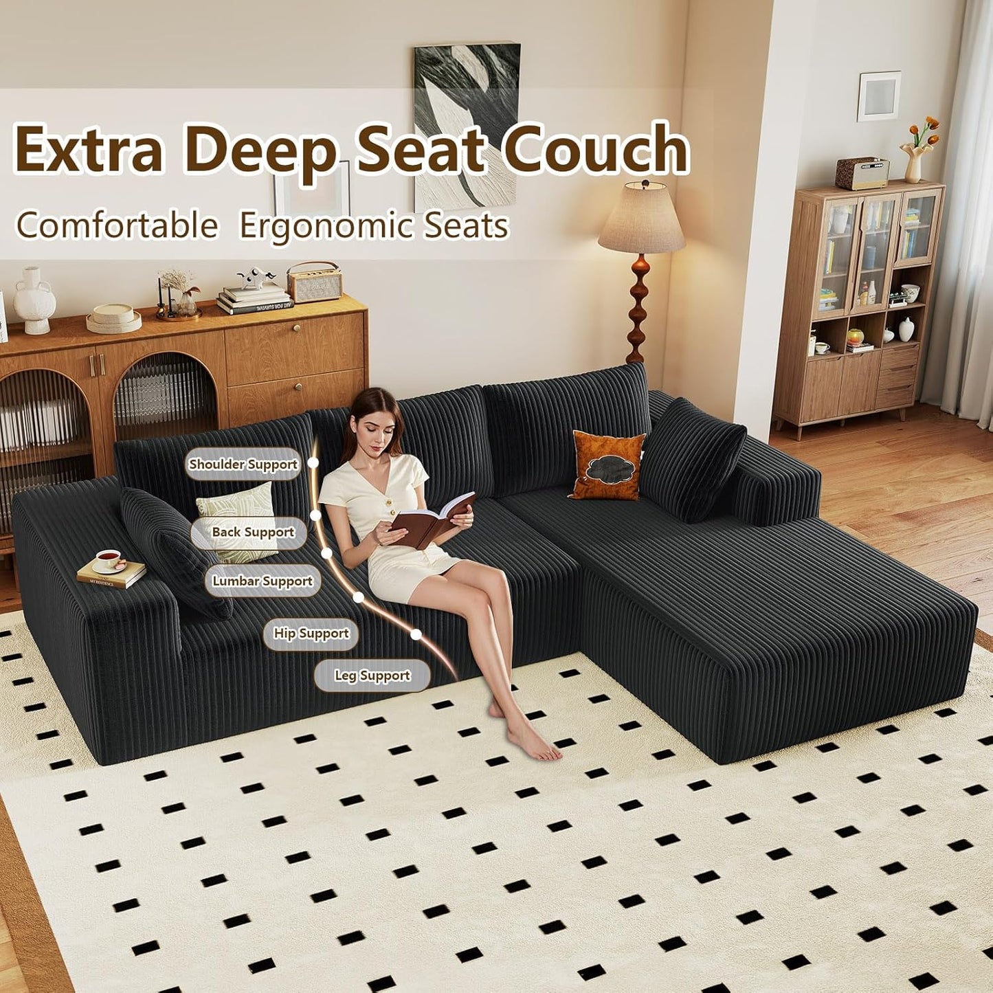 96" Modular Sectional Couch, Boneless L Shaped Cloud Sofa with Chaise Lounge, Corduroy Upholstered Couches Memory Foam Deep Seat, No Assembly Required, Ideal for Living Room(Black, Right Facing)