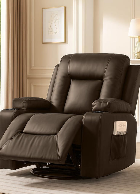 Brown PU Leather Swivel Recliner Chair with Cup Holders and Side Pockets for Living Room or Bedroom