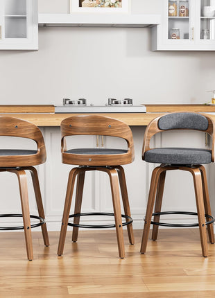 Set of 4 Mid-Century Modern 26" Upholstered Linen Fabric Swivel Bar Stools with Bentwood Legs and Back for Kitchen Island and Dining Room, Grey