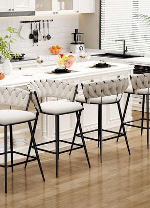 Set of 4 Contemporary 30-Inch Upholstered Bar Stools with Woven Backrest and Footrest for Kitchen and Dining Areas (Ivy)
