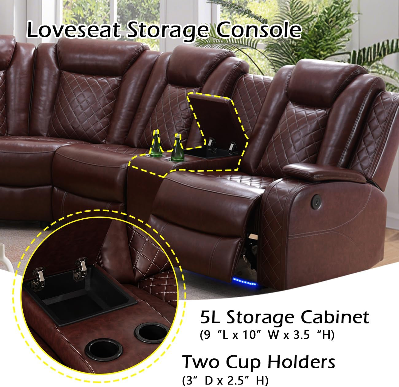 Power Recliner Sectional Sofa Set for Living Room Furniture Sets,Leather Reclining Couch Set with LED Lights,L- Shaped Leather Couch for Living Room/Home Theater/Club(Burgundy,Sectional)