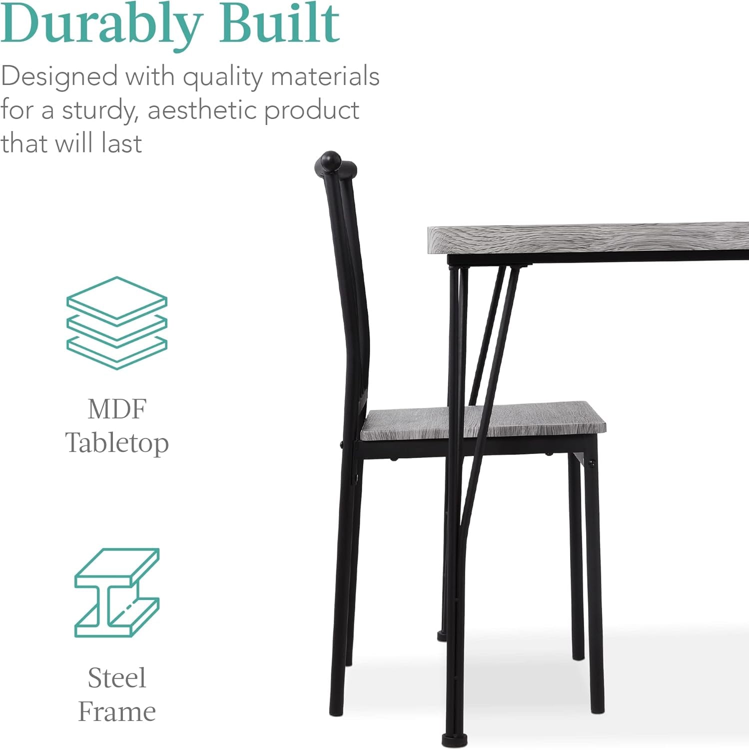 5-Piece Metal and Wood Indoor Modern Rectangular Dining Table Furniture Set for Kitchen, Dining Room, Dinette, Breakfast Nook W/ 4 Chairs - Gray