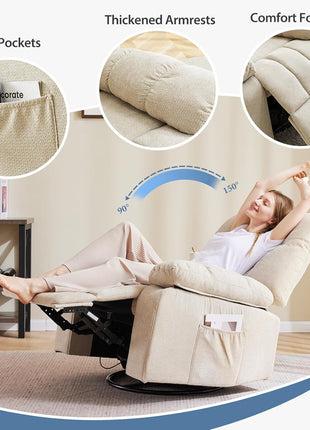 Rocker Recliner Chair with Swivel Function, Vibration Massage, and Lumbar Heating - 270° Rotating Chenille Fabric Recliner with Footrest for Living Room and Bedroom, Beige