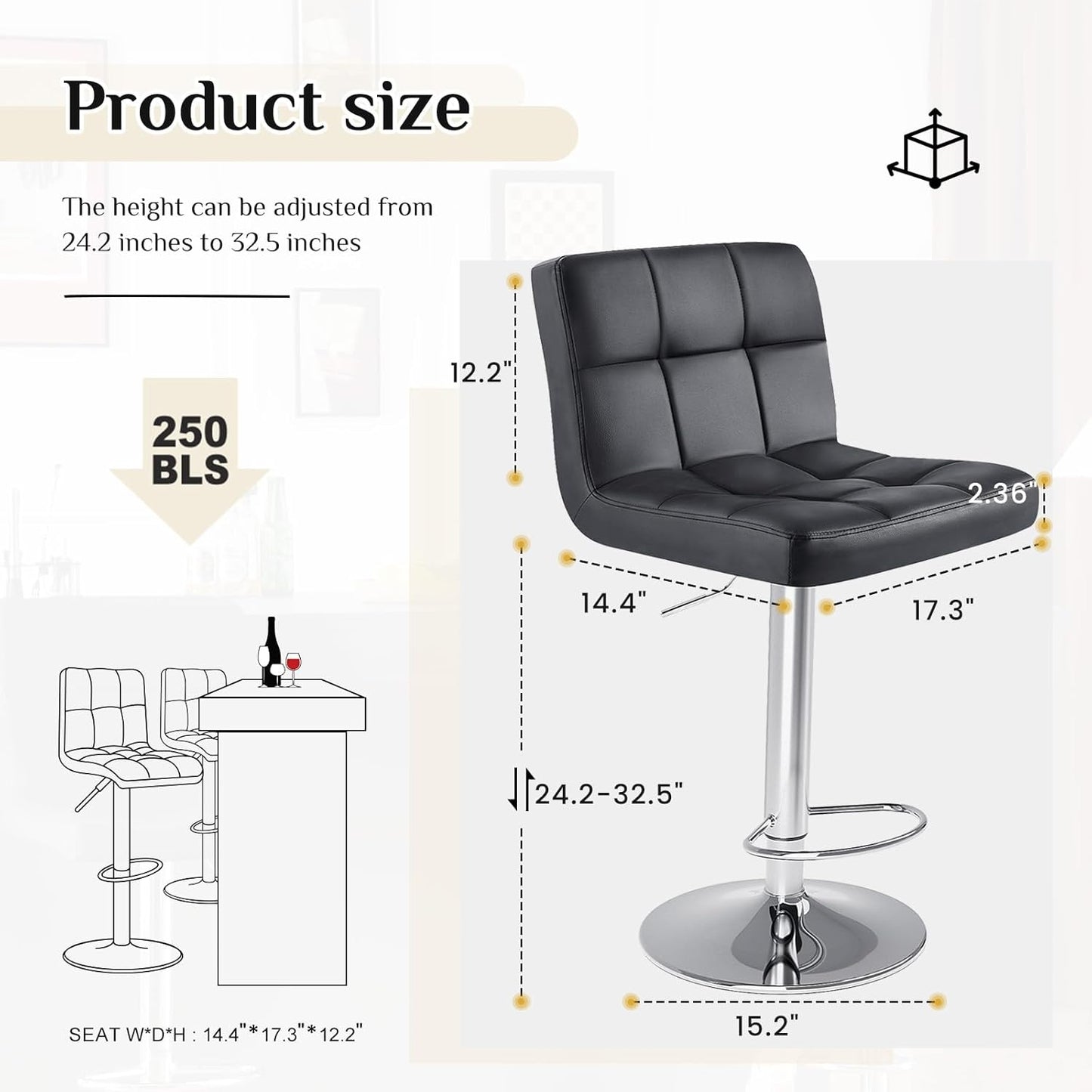 Bar Stools Set of 4, 24 Inch Counter Height Bar Stools, Upholstered Modern Kitchen Barstools with Metal Base, PU Leather Saddle Stools for Kitchen Island, Black