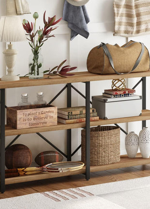 55-Inch Vintage Oak Industrial Console Table - 3-Tier Hallway Table for Entryway and Living Room