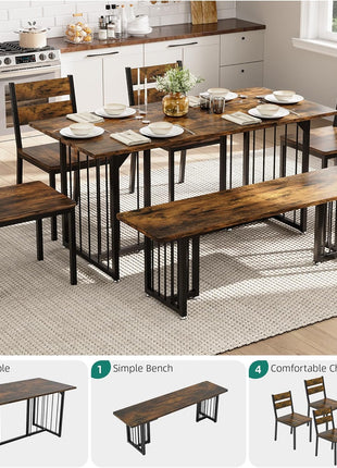 6-Piece Rustic Brown Dining Set for 6-8, 63-Inch Rectangular Kitchen Table with 4 Chairs and 2 Benches, Space-Saving Farmhouse Design for Apartments