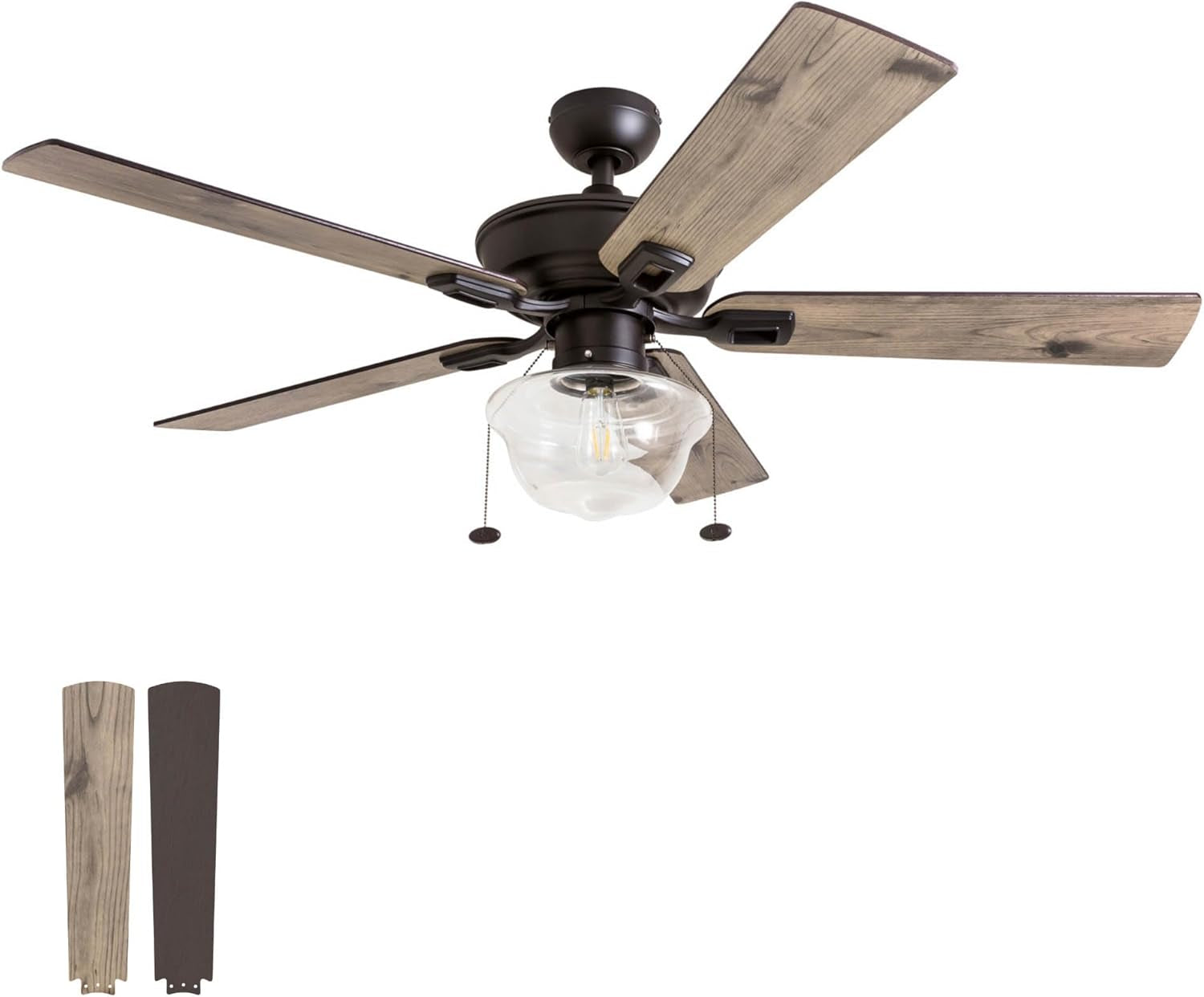Abner Modern Farmhouse 52 Inch Ceiling Fan with Light, Outdoor Fan/Indoor Tri-Mount LED Ceiling Fan with 5 Blades, Silver Oak and Maple Brown Blade Finish Options, Bronze (80091-01)