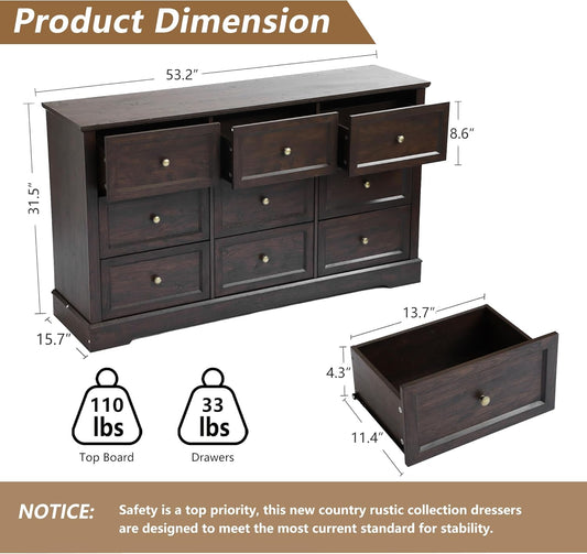 Farmhouse Bedroom Sets of 4, 4Pcs Farmhouse Dresser Set，Including 9 Drawer Dresser, 5 Drawer Dressers and Nightstand Set of 2 with Charging Station (Brown Sets, 4 Pieces)