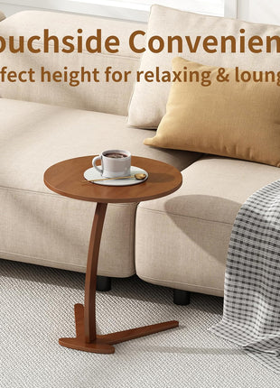 C-Shaped End Table - Compact Round Side Table for Living Room and Bedroom, Versatile Solid Wood TV Tray for Limited Spaces (15” Chestnut)